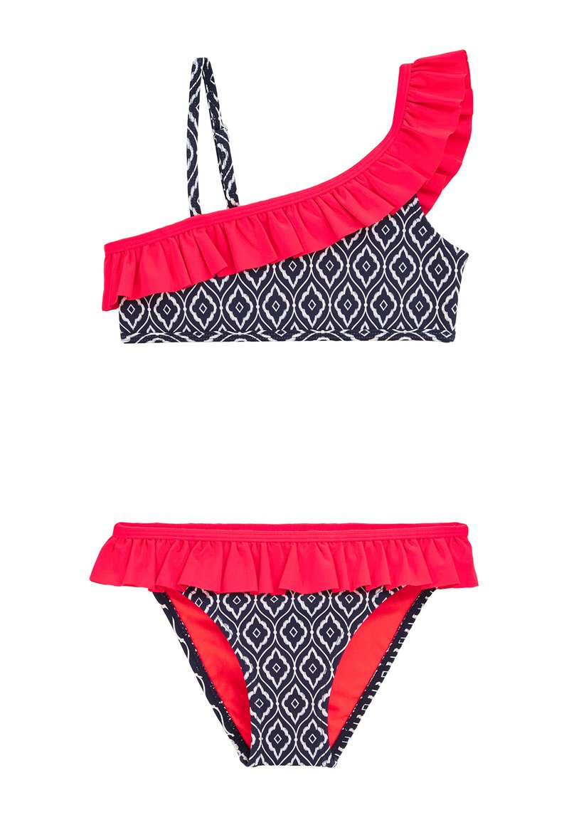 Jūrų laivyno vienos petnešos bikini rinkinys su rožine volanų apdaila. Viršutinėje dalyje yra deimanto raštas, o apatinė dalis atitinka volanų dizainą. Minkšta medžiaga.