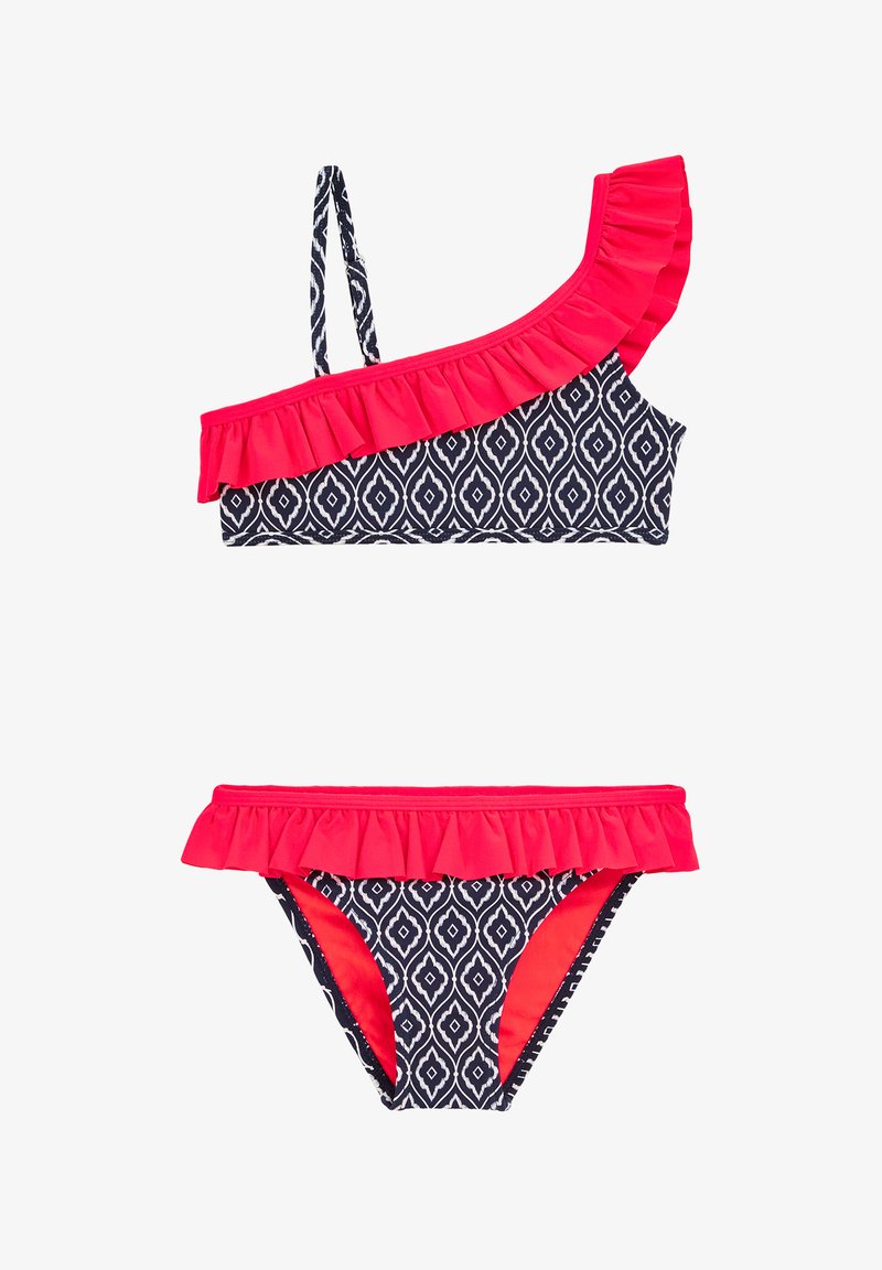Morska enosmerna bikinka s pink volančki. Značilna je diamantna zasnova na zgornjem delu in ujemajoče se volančaste spodnje hlačke. Mehka tkanina.