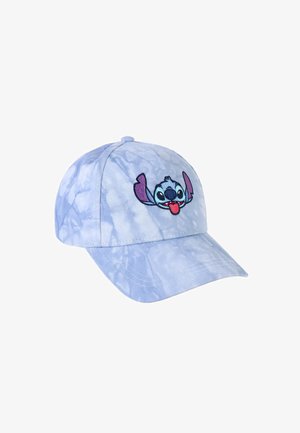 Light blue denim cap featuring a tie-dye pattern, with an embroidered character design on the front and a curved brim.
