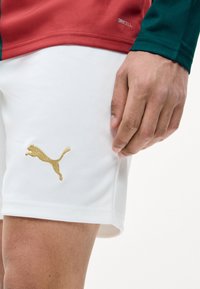Άτομο που φοράει άσπρα σορτς Puma με χρυσό λογότυπο και κόκκινο με πράσινο μακρυμάνικο αθλητικό τοπ, το χέρι ακουμπά στο πλάι.
