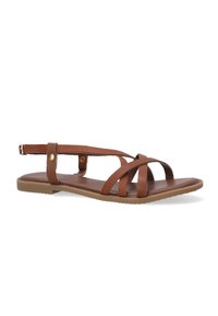 Bruine leren sandalen met kruisbanden, platte zool, verstelbare enkelband en ronde neus. Bevat een getextureerde voetbed en subtiele hardware-accenten.