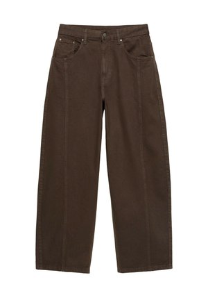 Pantalon marron à jambes larges avec poches avant et arrière, passants pour ceinture et fermeture par boutons, présenté à plat sur fond blanc.