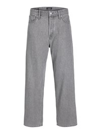 Pantalones de mezclilla gris con un ajuste relajado y holgado. Cuenta con un diseño tradicional de cinco bolsillos y un cierre de botón en la cintura.