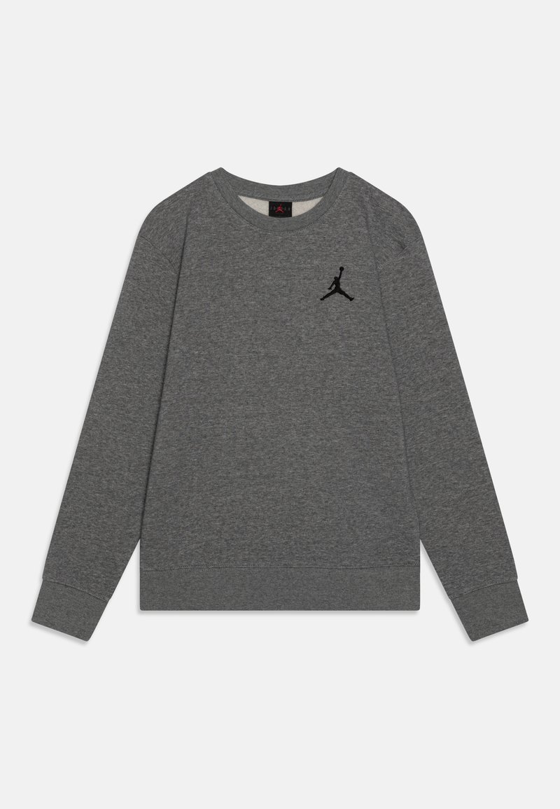Sweat-shirt gris manches longues col rond avec logo Jumpman noir sur la poitrine gauche, poignets et ourlet côtelés, posé à plat sur fond blanc.