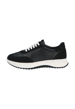 Black sneaker made of leather and suede, featuring white laces, a textured black sole, and a contrasting white midsole.