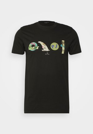 Sort bomulds-T-shirt med farverige grafiske motiver med tekst og symboler på forsiden. Rund hals og korte ærmer.