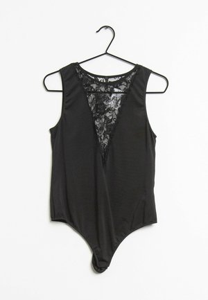 Black bodysuit with a deep V-neck design featuring lace detail. Made from smooth fabric, it has a fitted style and hook closure at the bottom.