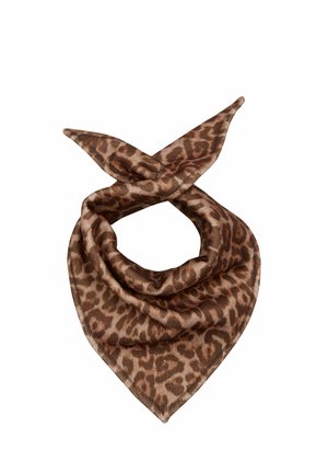 Brun silketørklæde med leopardprint foldet med to spidse ender, der krydser hinanden og danner en løs løkke.