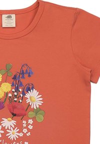 Cotton T-shirt in rust color featuring a floral graphic design with various flowers including daisies, bluebells, and clovers.