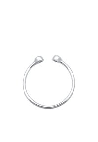 Anillo de pulsera de plata con un diseño suave y curvo, que presenta dos extremos redondeados. La superficie está pulida para un acabado reflectante.