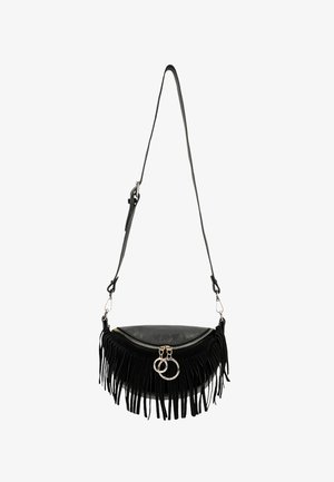 Schwarze Fransen-Umhängetasche aus strukturiertem Leder mit geschwungener Form und Reißverschluss, ausgestattet mit Metallbeschlägen und dekorativen Ringen.