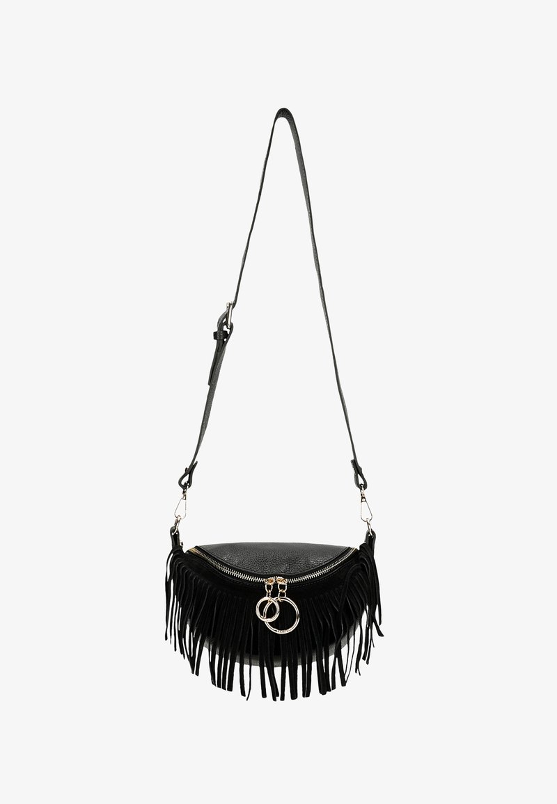Borsa a tracolla con frange nere in pelle testurizzata, dalla forma curva e chiusura con zip, dotata di accessori metallici e anelli decorativi.