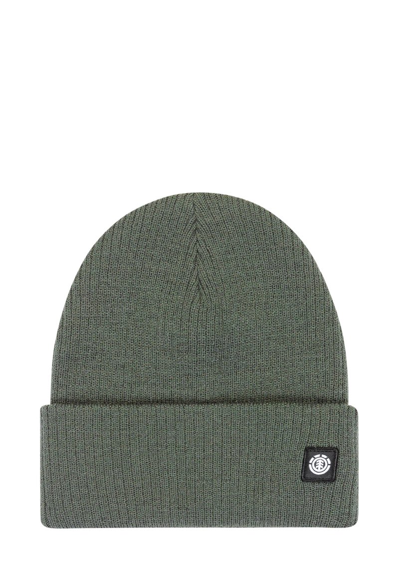 Green knitted beanie with a fold-up cuff, featuring a small black logo patch on the side. Made from soft, textured fabric.