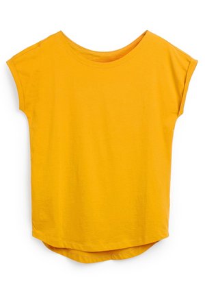 T-shirt jaune vif à manches courtes avec col rond et ourlet légèrement incurvé, présenté à plat sur fond blanc.