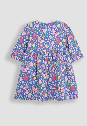 Rochie florală din bumbac violet, cu mâneci lungi și skirt evazat. Prezintă fluturi și flori colorate în roz, galben și verde.