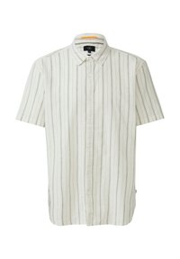 Kurzärmeliges Button-Up-Shirt in hellbeige mit feinen vertikalen Streifen. Hergestellt aus einem strukturierten Stoff mit klassischem Kragen und Vorderknöpfen.