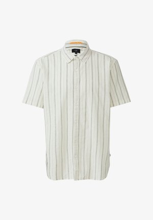 Kurzärmeliges Button-Up-Shirt in hellbeige mit feinen vertikalen Streifen. Hergestellt aus einem strukturierten Stoff mit klassischem Kragen und Vorderknöpfen.