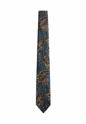 Blue necktie with a brown and cream paisley and floral pattern, displayed vertically on a white background.