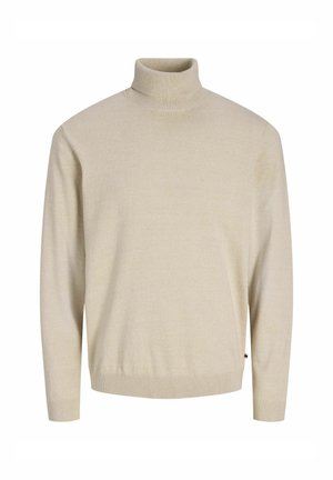 Pull à col roulé beige en tissu tricoté doux. Comprend des manches longues ainsi que des poignets et un ourlet côtelés pour un ajustement confortable. Design simple et classique.
