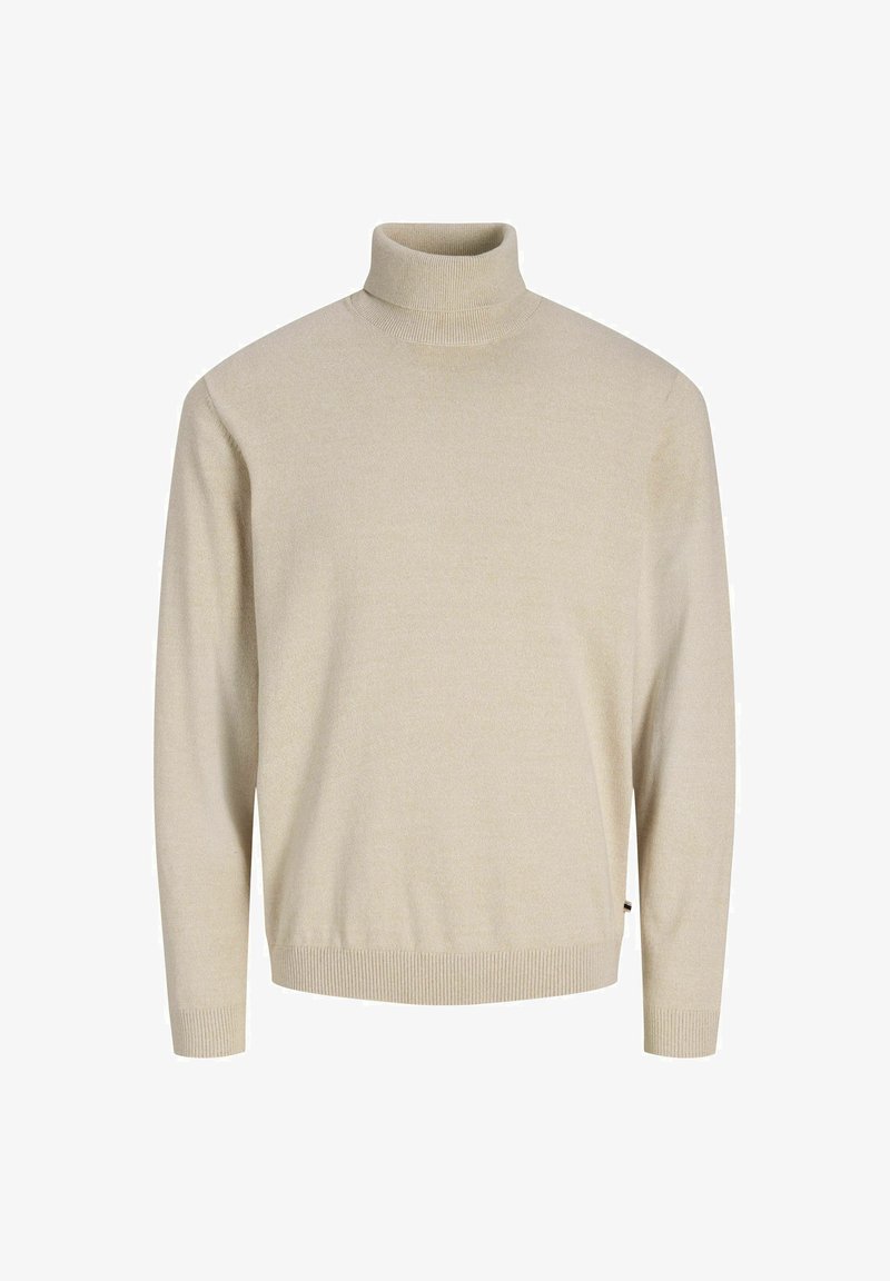 Pull à col roulé beige en tissu tricoté doux. Comprend des manches longues ainsi que des poignets et un ourlet côtelés pour un ajustement confortable. Design simple et classique.