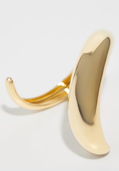 Gold metal coat hook with a smooth, curved design. Features a sleek, reflective surface and a stylized, elongated hook shape.