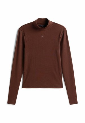 Maglia a maniche lunghe color marrone con colletto alto a coste, dal design aderente, con un piccolo dettaglio logo sul petto, realizzata in tessuto elasticizzato.