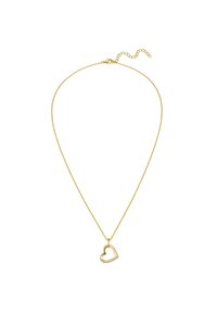 Ogrlica u zlatnoj boji s privjeskom u obliku srca. Privjesak ima kristalne detalje duž donjeg ruba. Lanac ima kopču s podesivom duljinom.