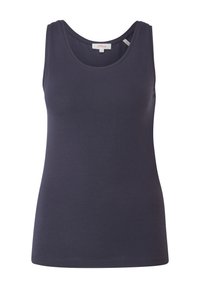 Donkerblauwe tanktop van zachte, rekbare stof. Heeft een ronde halslijn en naadloze zijkanten voor een soepel silhouet.