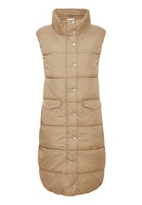 Gilet sans manches en beige avec col haut, fermeture à boutons-pression et deux poches avant ; texture matelassée sur toute la surface.