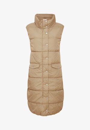 Beige ärmellose Puffer-Weste mit hohem Kragen, Druckknopfverschluss und zwei Fronttaschen; durchgehend mit Stepptextur.