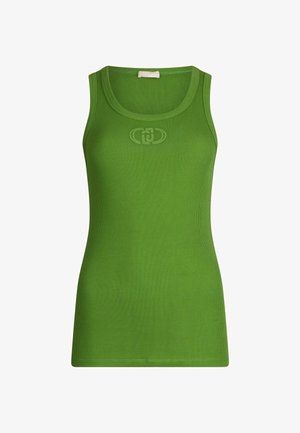 Top verde a costine con scollatura rotonda e discreto logo. Offre una silhouette aderente e una texture liscia e elasticizzata.