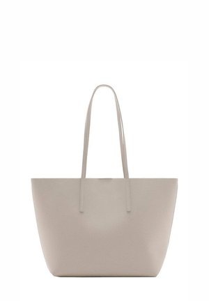 Beige Ledertasche mit langen Doppelgriffen, glatter Textur und schlichtem, schmucklosen Design.