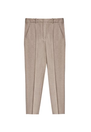 Beige op maat gemaakte broek van textuurstof, met voorzakken en een platte voorkant, met een slanke, taps toelopende pijp.