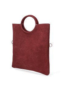 Borsa a spalla in suede bordeaux con manico circolare, design minimalista e forma rettangolare piatta. Inserti in metallo argentato sui lati.