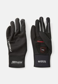 Czarne rękawice z gładkiego materiału, z teksturowanym panelem antypo�ślizgowym, odblaskowymi akcentami i logo. Materiały obejmują GORE-TEX Infinium dla odporności na warunki atmosferyczne.