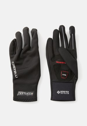 Schwarze Handschuhe aus glattem Stoff, mit einem strukturierten Griffbereich, reflektierenden Akzenten und Logos. Die Materialien umfassen GORE-TEX Infinium für Wetterbeständigkeit.