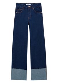 Pantalones vaqueros de pernera ancha fabricados con denim azul oscuro y con un dobladillo deshilachado en azul claro. Cuentan con bolsillos clásicos y costuras en contraste.