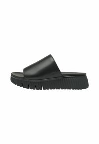 Zwarte leren slide-sandalen met een brede bovenste band en een chunky ribbelzool. Gladde textuur en minimalistisch ontwerp. Ideaal voor casual gebruik.
