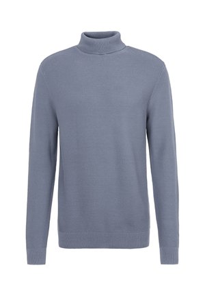 Hellblauer Rollkragenpullover mit langen Ärmeln, gerippten Bündchen und Saum, vor weißem Hintergrund präsentiert.