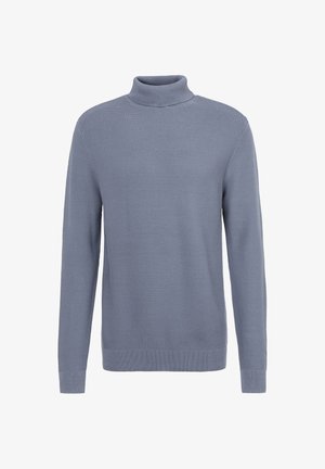 Hellblauer Rollkragenpullover mit langen Ärmeln, gerippten Bündchen und Saum, vor weißem Hintergrund präsentiert.