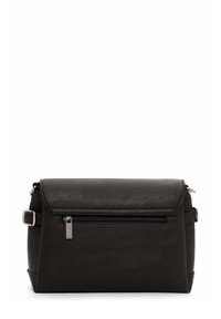 Black leather crossbody bag with a structured shape, flap closure, front zip pocket, and adjustable strap. Textured surface with subtle detail.
