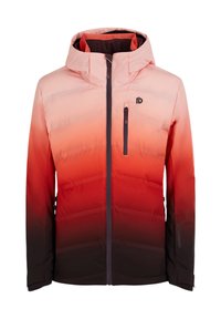 Rode en oranje gradient skijack met een capuchon, een ritszak op de borst, gestructureerde stof en versterkte manchetten. Bevat een logo op de voorkant.