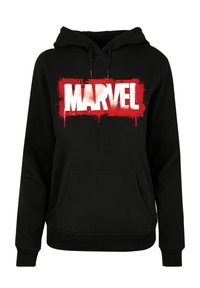 Felpa nera con cappuccio caratterizzata da un grande logo bianco "MARVEL" con accenti di schizzi rossi. Include una tasca a marsupio e un cappuccio con cordoncino regolabile.