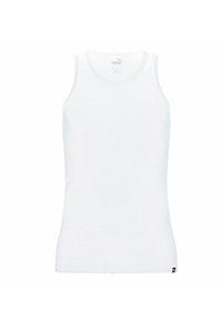 White tank top made of cotton blend fabric. Features a round neckline and narrow straps. Small black logo tag at the bottom left hem.