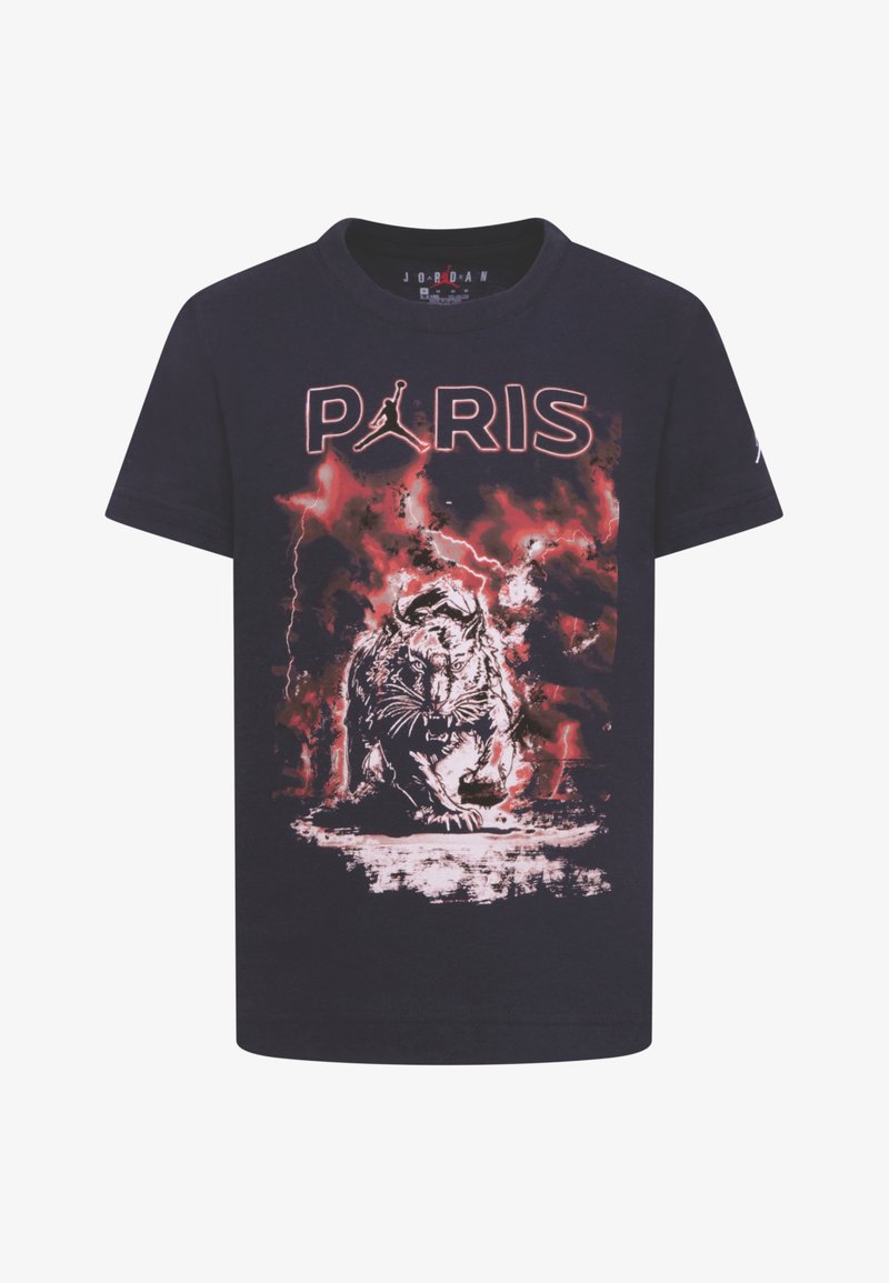 T-paita, jossa on laivastonsininen puuvilla, esittää grafiikkaa tiikeristä ja sanan "PARIS" punaisena päällä, pyöreä kaula-aukko ja lyhyet hihat.