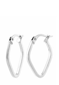 Silver hoop earrings with a geometric, elongated diamond shape. Made of polished metal, featuring a secure clasp mechanism.
