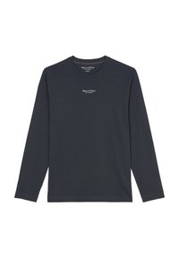 Marineblauwe longsleeve T-shirt van katoen, met een ronde hals, gestikte zomen en een klein wit logo gecentreerd op de borst.