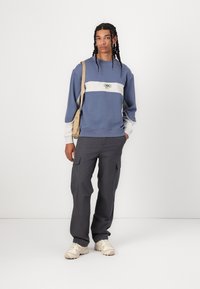 Sudadera azul con un diseño de rayas blancas y verdes, combinada con pantalones cargo gris oscuro y zapatillas beige, llevada con un bolso de hombro.