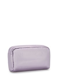 Light purple cosmetic bag with a rectangular shape, made of smooth, shiny fabric, featuring stitched edges and a zip closure.