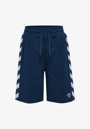 Marineblå træningsshorts med hvide chevron-striber på siderne, elastisk linning med snore, lynlåslommer på siden og lille logo på venstre ben.